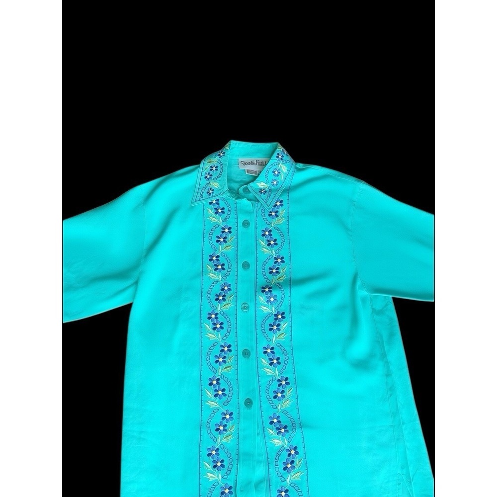 S Diane VonFurstenberg 100% Silk Blouse Long Sleeve Floral Embroidery Oversized